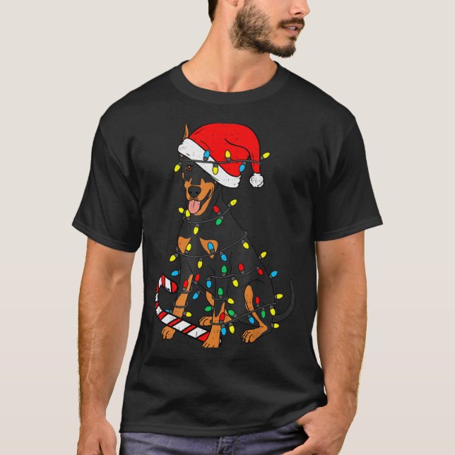 Doberman Dog Christmas Lights Santa Xmas Pet Dog L T-Shirt (Front)
