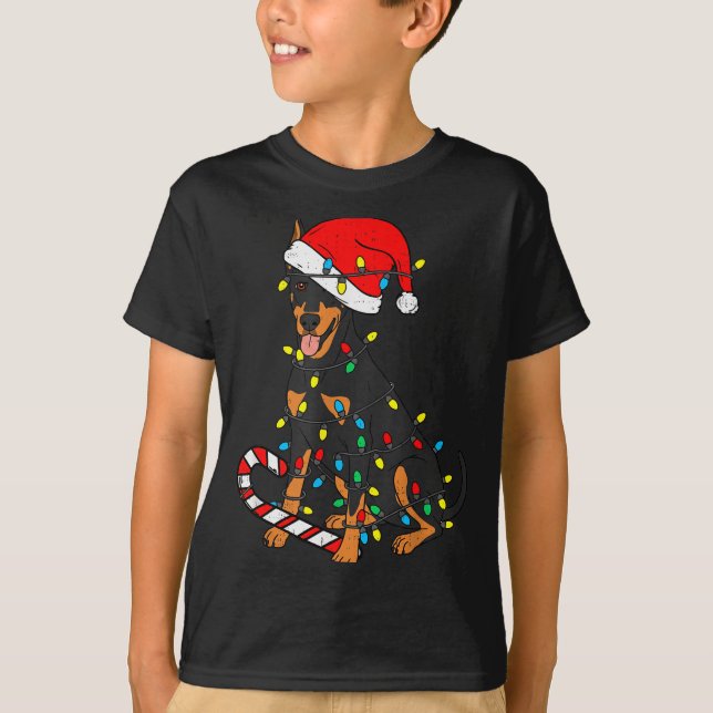 Doberman Dog Christmas Lights Santa Xmas Pet Dog L T-Shirt (Front)
