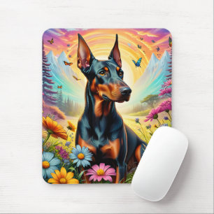 Doberman Dog, Flowers And Mountain Scene Mouse Mat