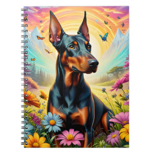 Doberman Dog, Flowers And Mountain Scene Notebook