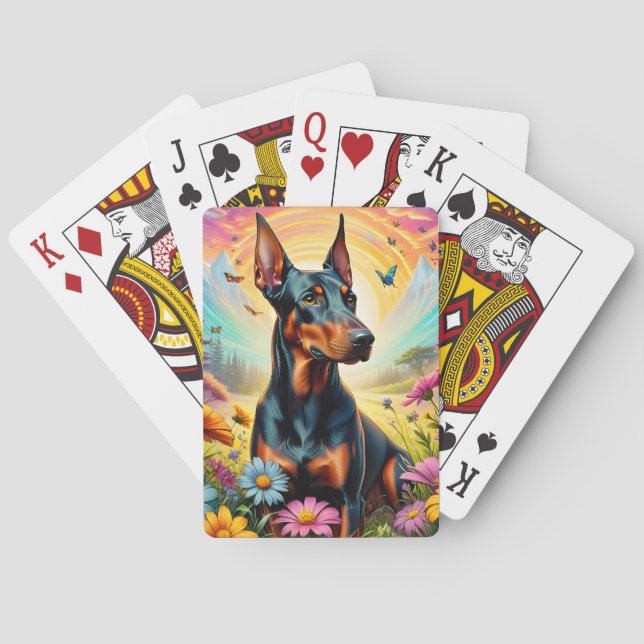 Doberman Dog, Flowers And Mountain Scene Playing Cards (Back)