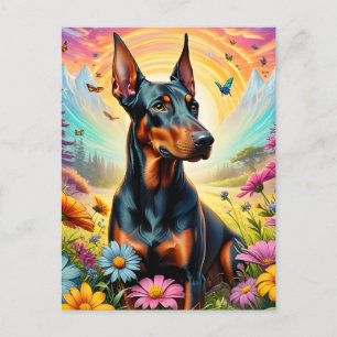 Doberman Dog, Flowers And Mountain Scene Postcard