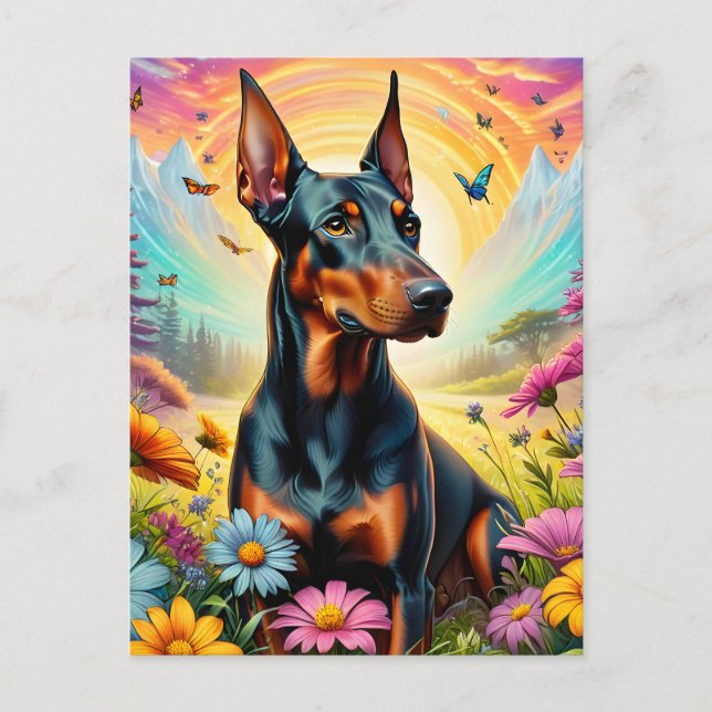 Doberman Dog, Flowers And Mountain Scene Postcard (Front)
