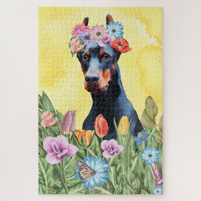 Doberman Dog Flowers Jigsaw Puzzle (Vertical)