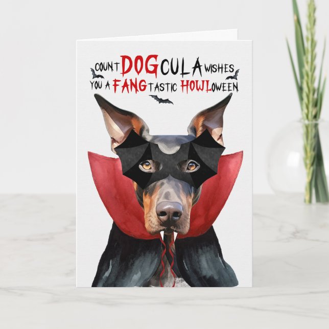 Doberman Dog Funny Count DOGcula Halloween Holiday Card (Front)