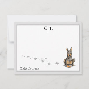 Doberman Dog Grey Border Monogram & Your Name Card