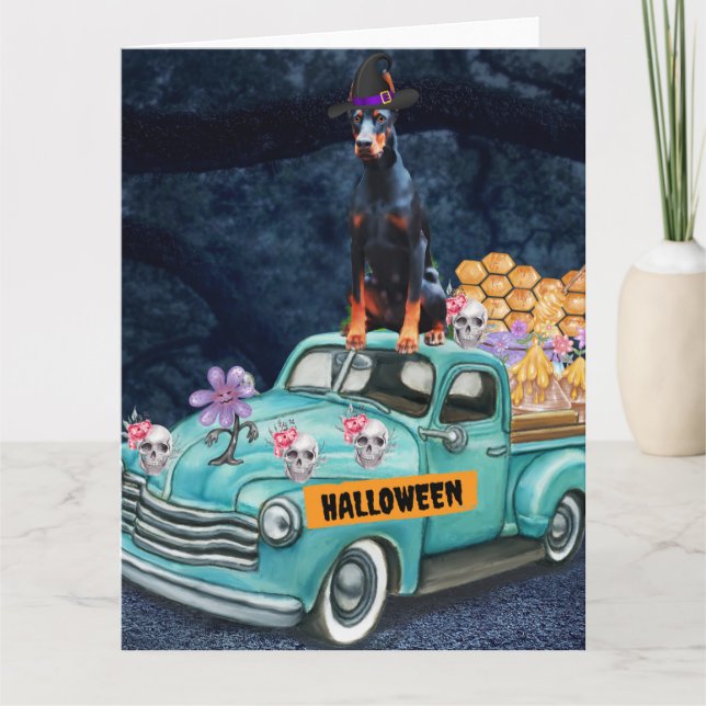 Doberman Dog Halloween Truck Scary Night Card (Front)