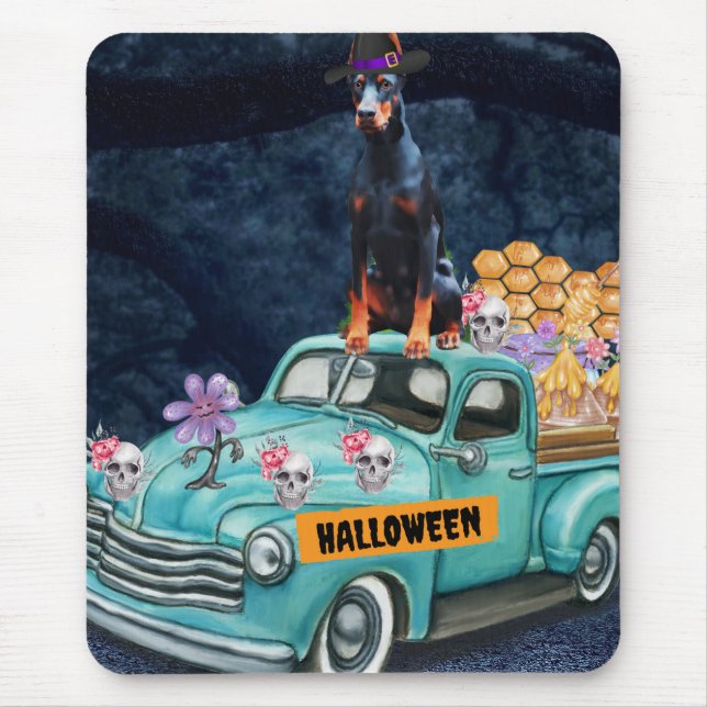 Doberman Dog Halloween Truck Scary Night Mouse Mat (Front)