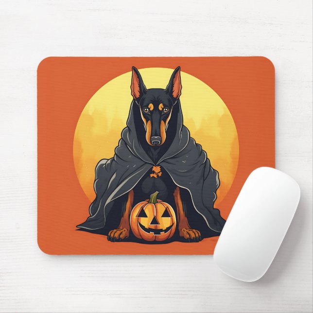 Doberman Dog In Black Ghost Costume Halloween Mouse Mat (With Mouse)