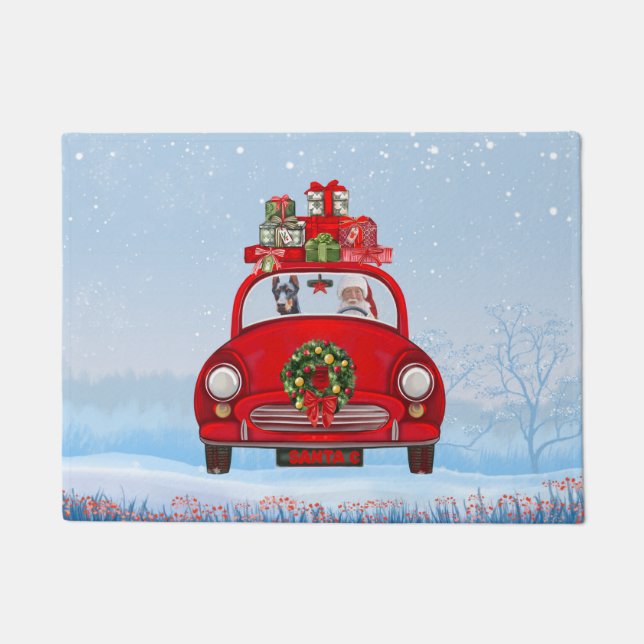 Doberman Dog In Car With Santa Claus Doormat (Front)