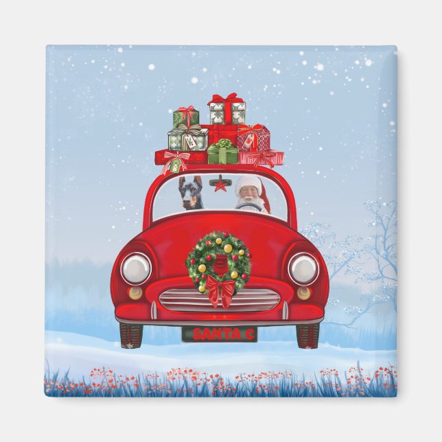 Doberman Dog In Car With Santa Claus  Magnet (Front)