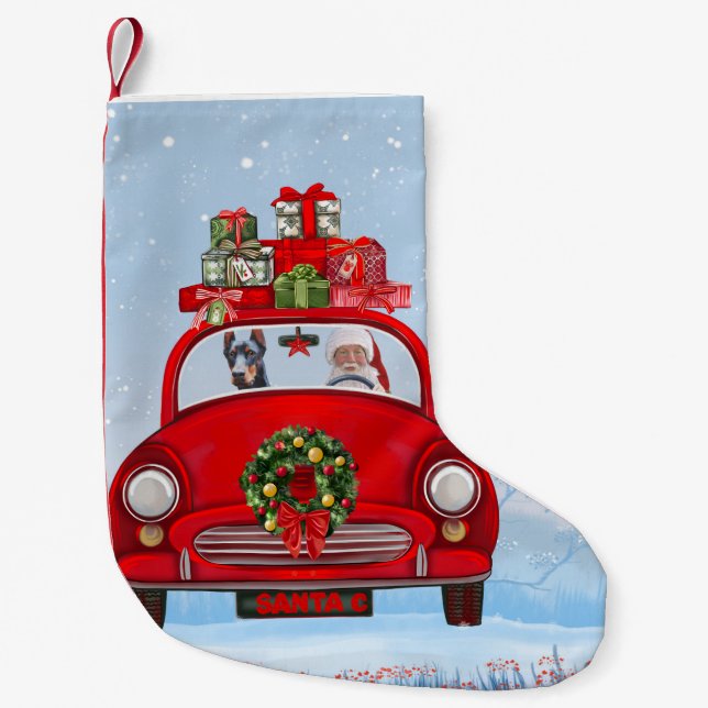 Doberman Dog In Car With Santa Claus  Small Christmas Stocking (Front)