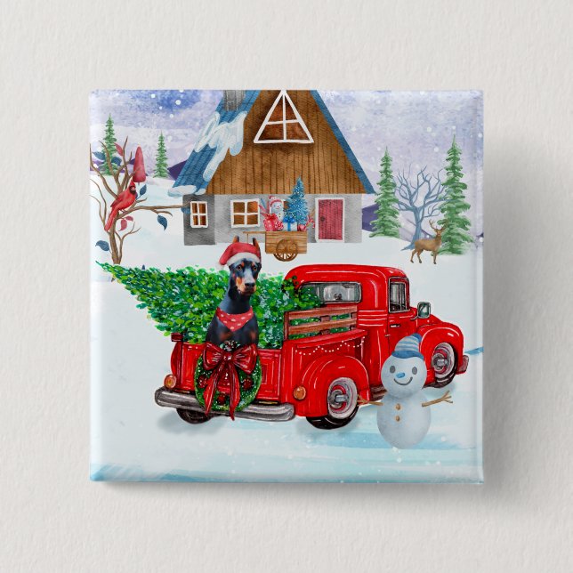 Doberman Dog In Christmas Delivery Truck Snow 15 Cm Square Badge (Front)
