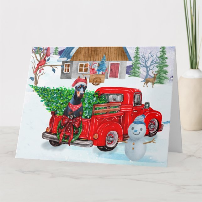 Doberman Dog In Christmas Delivery Truck Snow Card (Front)
