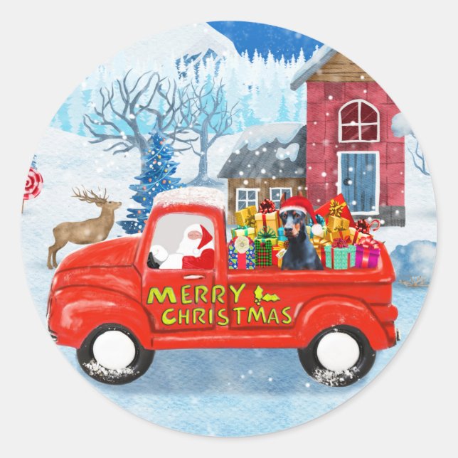 Doberman Dog in Christmas Delivery Truck Snow Classic Round Sticker (Front)