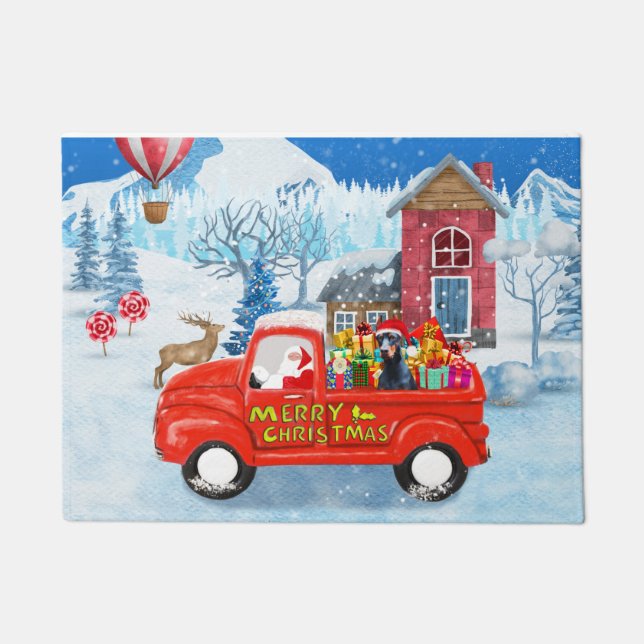 Doberman Dog in Christmas Delivery Truck Snow  Doormat (Front)