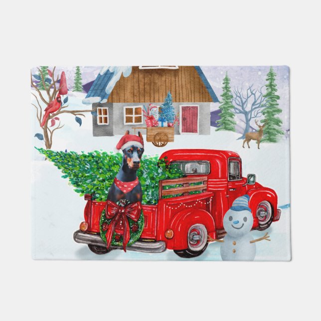 Doberman Dog In Christmas Delivery Truck Snow Doormat (Front)