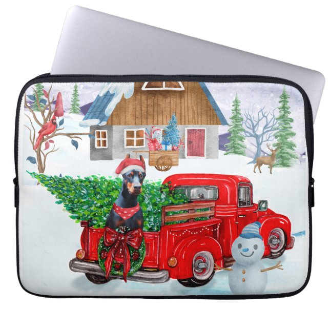 Doberman Dog In Christmas Delivery Truck Snow Laptop Sleeve (Front)
