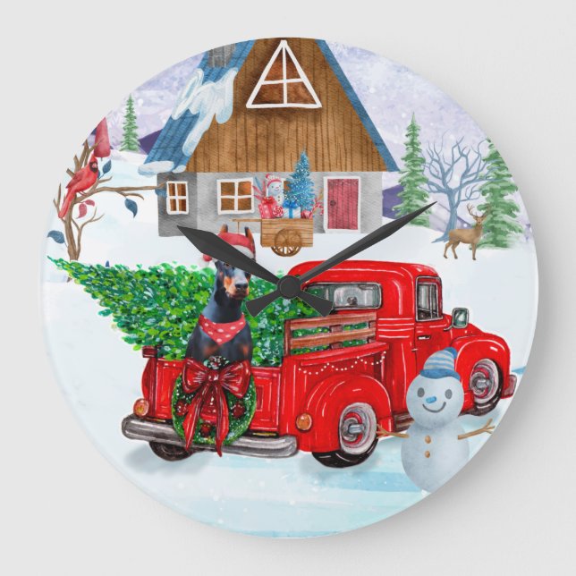 Doberman Dog In Christmas Delivery Truck Snow  Large Clock (Front)