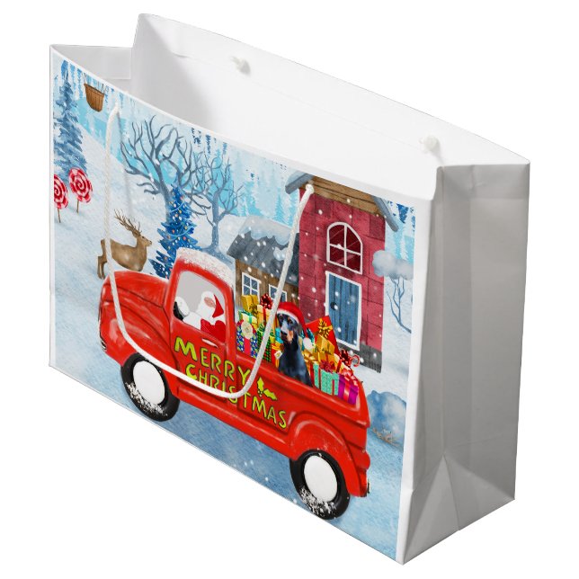 Doberman Dog in Christmas Delivery Truck Snow Large Gift Bag (Front Angled)