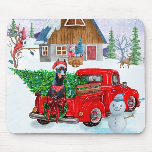 Doberman Dog In Christmas Delivery Truck Snow Mouse Mat (Front)