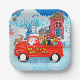 Doberman Dog in Christmas Delivery Truck Snow  Paper Plate