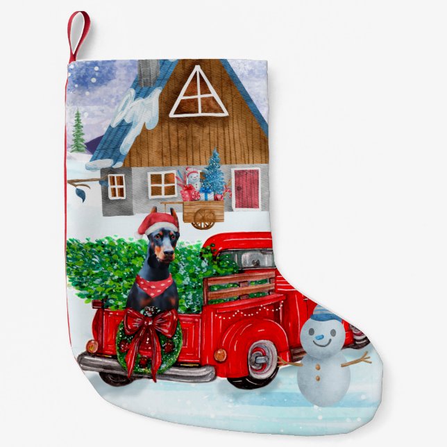 Doberman Dog In Christmas Delivery Truck Snow  Small Christmas Stocking (Front)