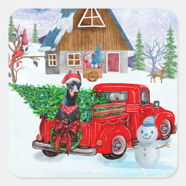 Doberman Dog In Christmas Delivery Truck Snow Square Sticker (Front)