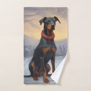 Doberman Dog in Snow Christmas Bath Towel Set