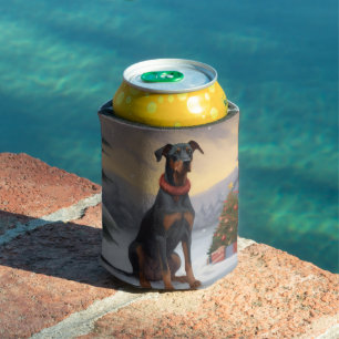 Doberman Dog in Snow Christmas  Can Cooler