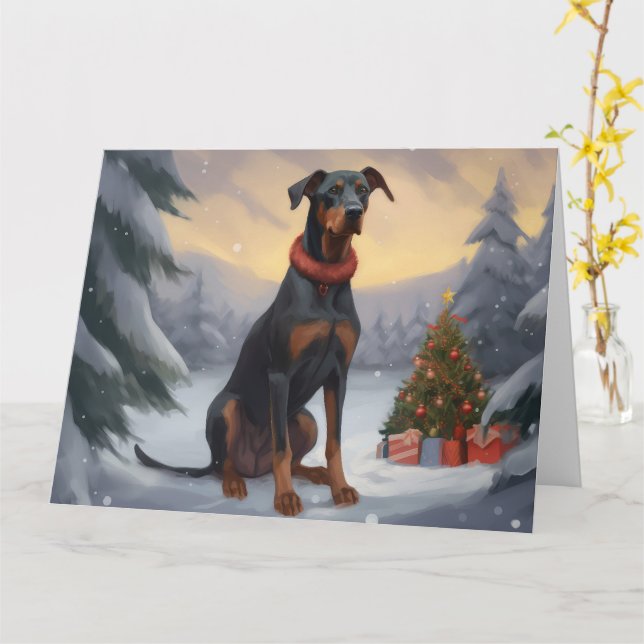 Doberman Dog in Snow Christmas  Card (Yellow Flower)