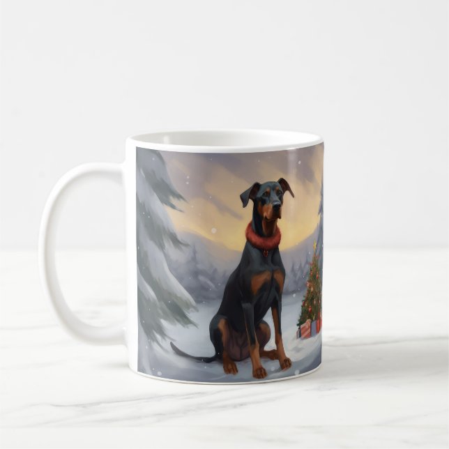 Doberman Dog in Snow Christmas  Coffee Mug (Left)