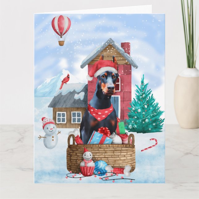 Doberman Dog In snow Christmas Dog House Card (Front)