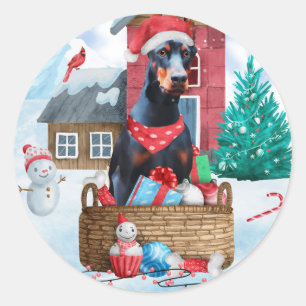 Doberman Dog In snow Christmas Dog House Classic Round Sticker