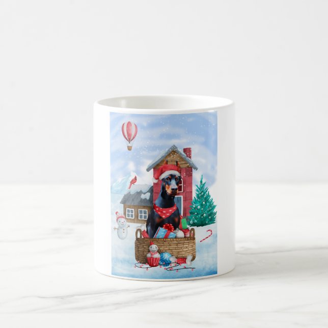 Doberman Dog In snow Christmas Dog House Coffee Mug (Center)