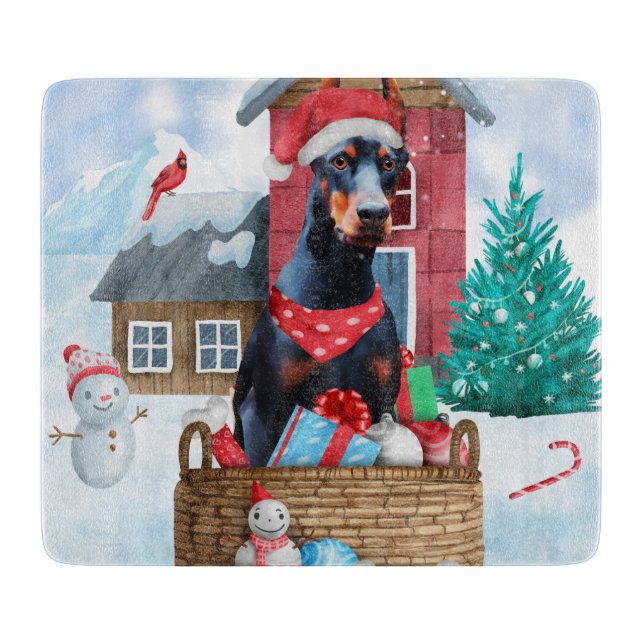 Doberman Dog In snow Christmas Dog House Cutting Board (Front)