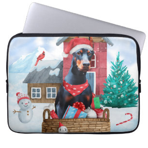 Doberman Dog In snow Christmas Dog House Laptop Sleeve