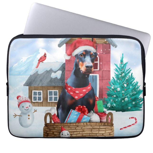 Doberman Dog In snow Christmas Dog House  Laptop Sleeve (Front)