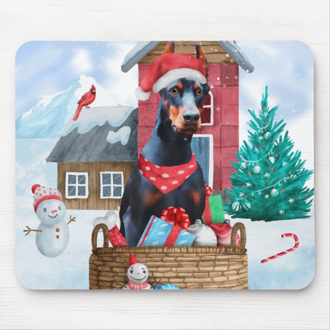 Doberman Dog In snow Christmas Dog House Mouse Mat (Front)