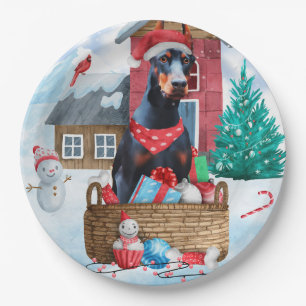 Doberman Dog In snow Christmas Dog House Paper Plate