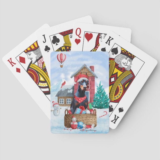 Doberman Dog In snow Christmas Dog House Playing Cards (Back)
