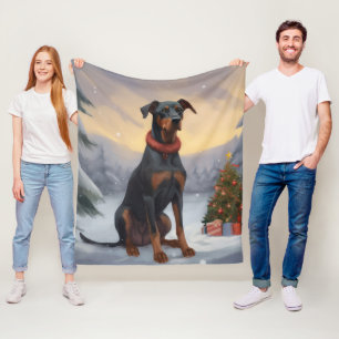 Doberman Dog in Snow Christmas Fleece Blanket