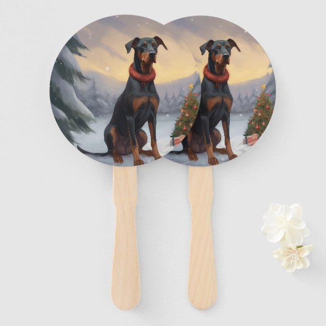 Doberman Dog in Snow Christmas  Hand Fan (Front and Back)