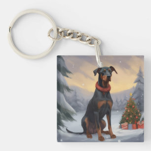 Doberman Dog in Snow Christmas  Key Ring