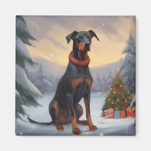 Doberman Dog in Snow Christmas  Magnet