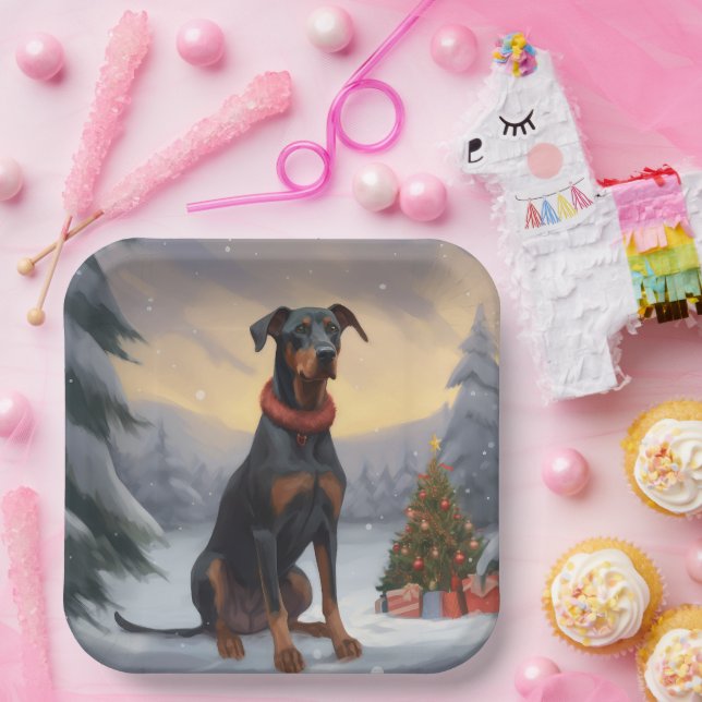 Doberman Dog in Snow Christmas  Paper Plate (Party)