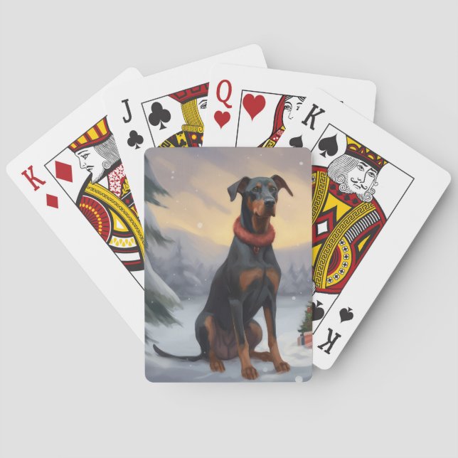 Doberman Dog in Snow Christmas  Playing Cards (Back)