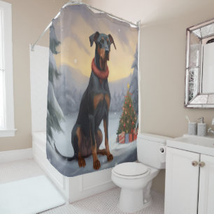 Doberman Dog in Snow Christmas  Shower Curtain
