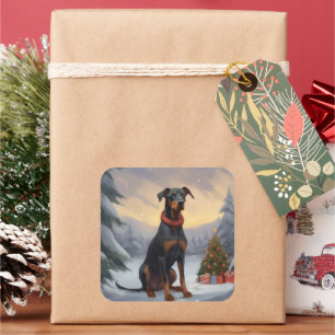 Doberman Dog in Snow Christmas Square Sticker