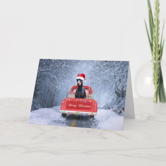 Doberman Dog in Snow sitting in Christmas Truck Card (Front)